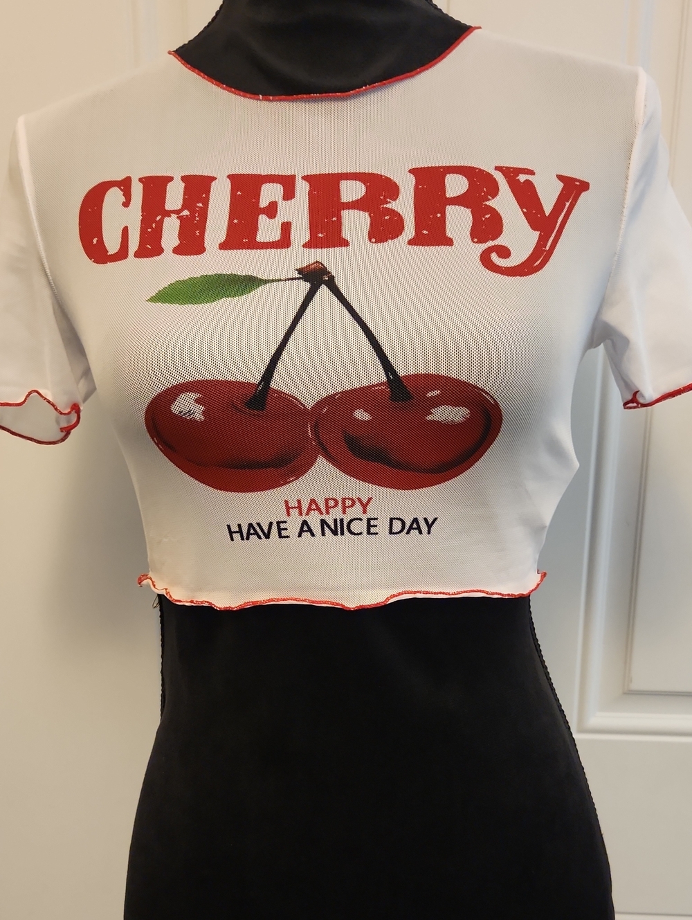 Cherry Graphic White Crop Top with Red Trim